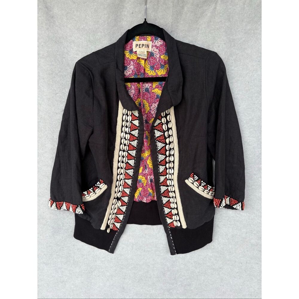 Anthropologie Pepin Tyler Embellished Linen Jacket size Small Boho Funky